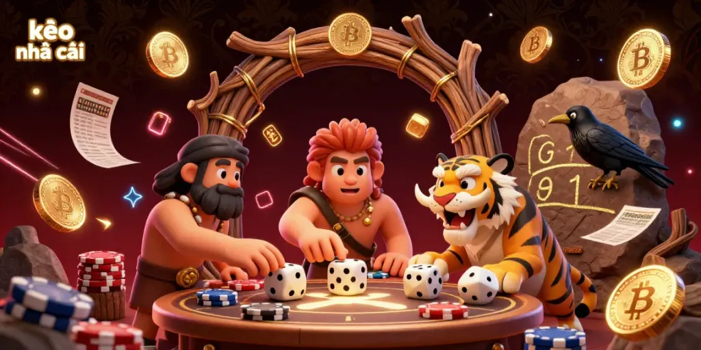 Experience the thrill of kèo nhà cái as caveman duo bets energetically in a vibrant sports betting scene.