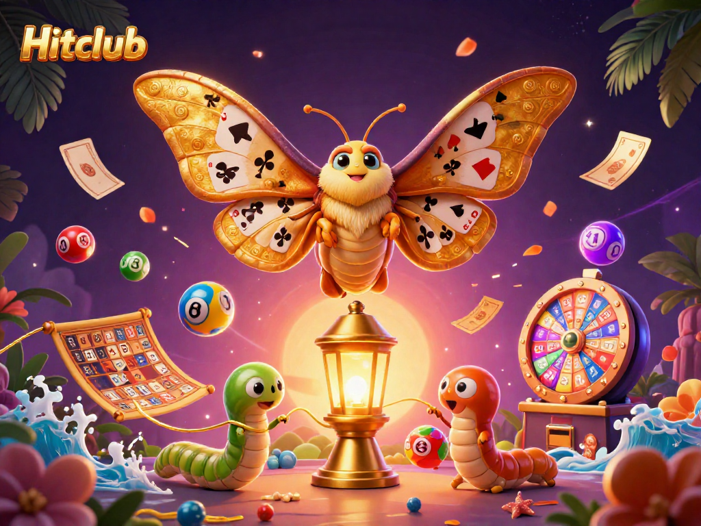 Hitclub celebrates big wins with its vibrant casino illustration featuring golden-lit moths and lottery elements.