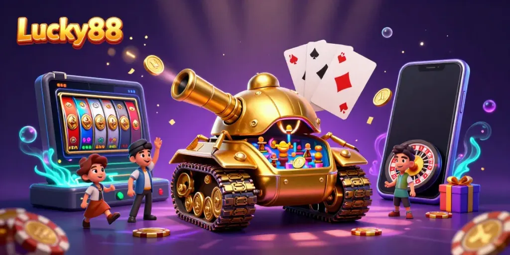 Experience the vibrant world of Lucky88 with a golden beetle tank casino bursting with excitement and games.