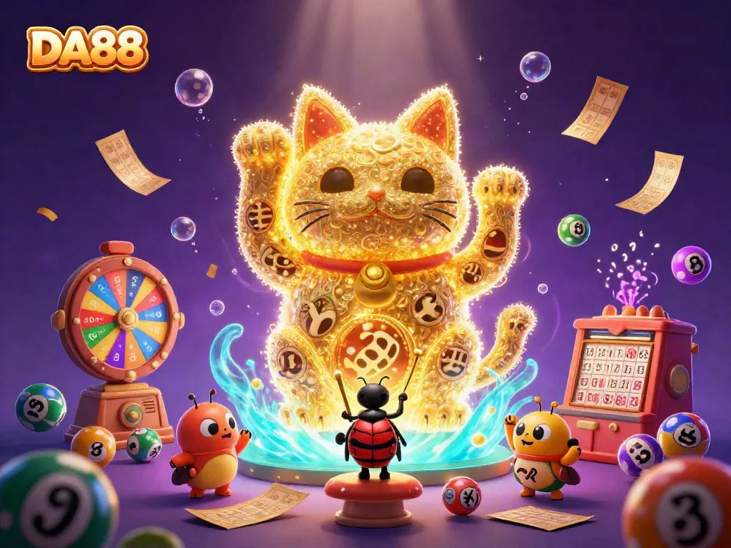 Engage with DA88's vibrant lucky cat symbol amidst magical casino elements.