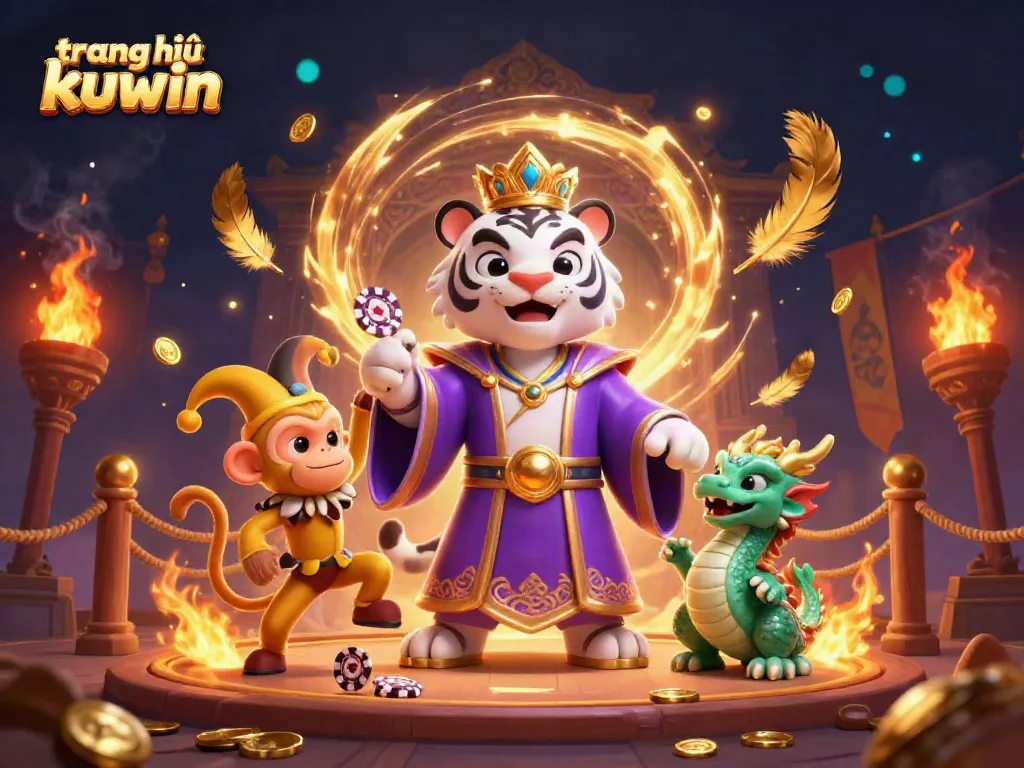 Catch thrilling moments at trang chủ kuwin with playful monkey juggling poker chips and majestic characters.