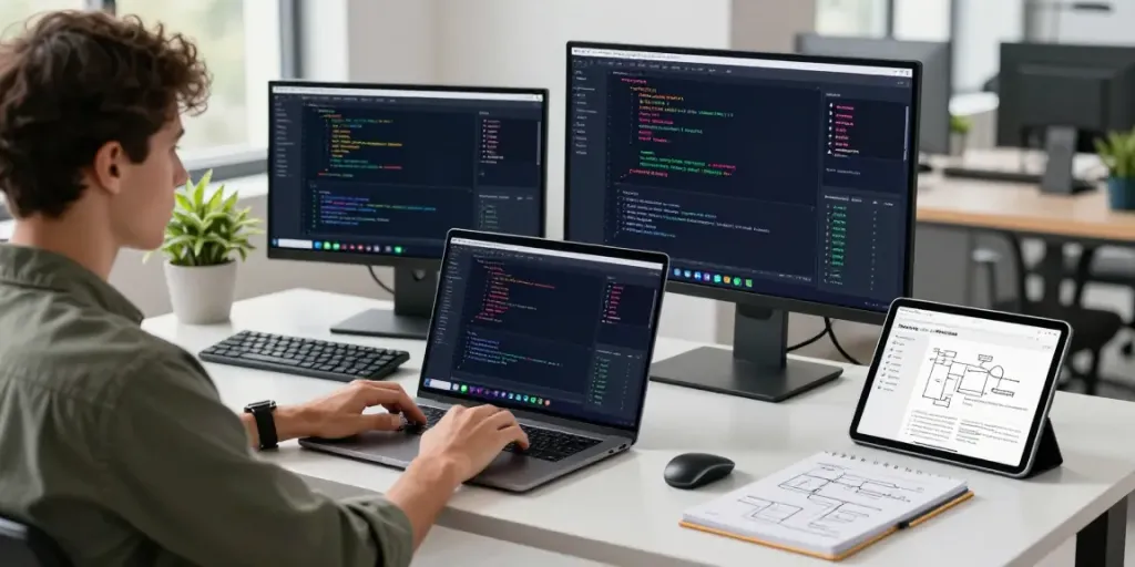 Instant indexing workspace with a developer coding on dual monitors in a modern office