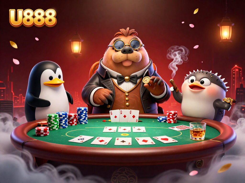 U888 gaming scene where a walrus plays poker with a penguin and a bluffing pufferfish.