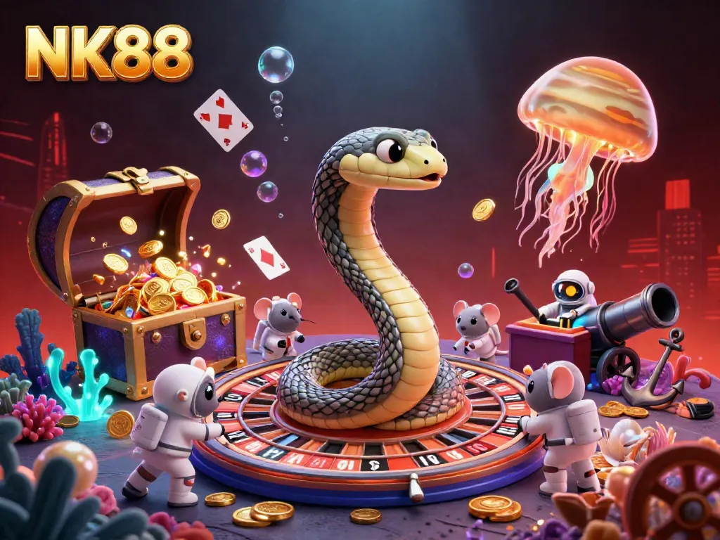 Engaging scene of NK88 where astronaut mice place bets on a 3D roulette wheel planet with immersive casino elements.