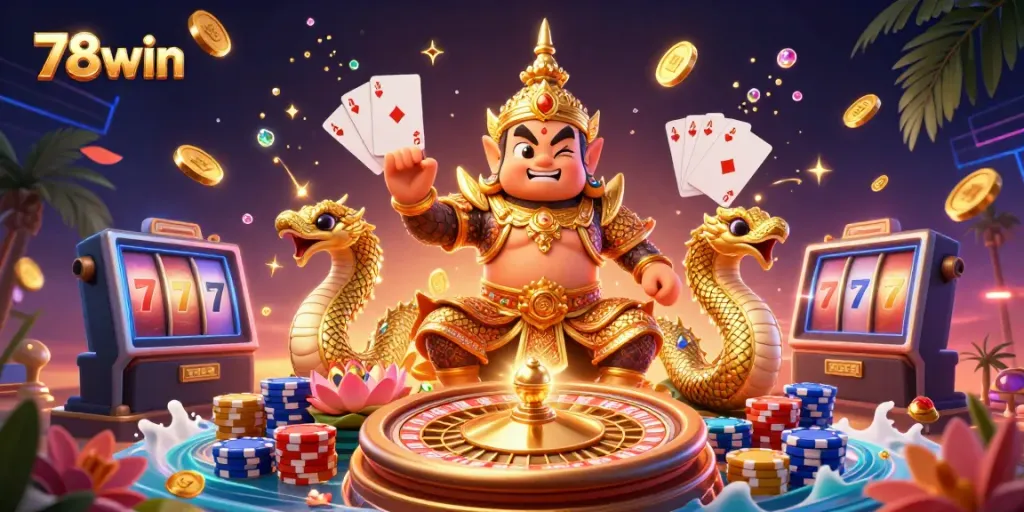 Experience the vibrant world of 78win with a lively 3D illustration showcasing casino excitement.