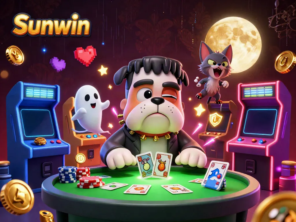 Experience thrilling card games with Sunwin's playful monsters at a spooky casino table.