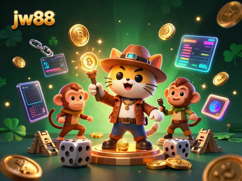 Experience the thrill of jw88 with a vibrant 3D depiction of a cat archaeologist and monkey discovering treasures.