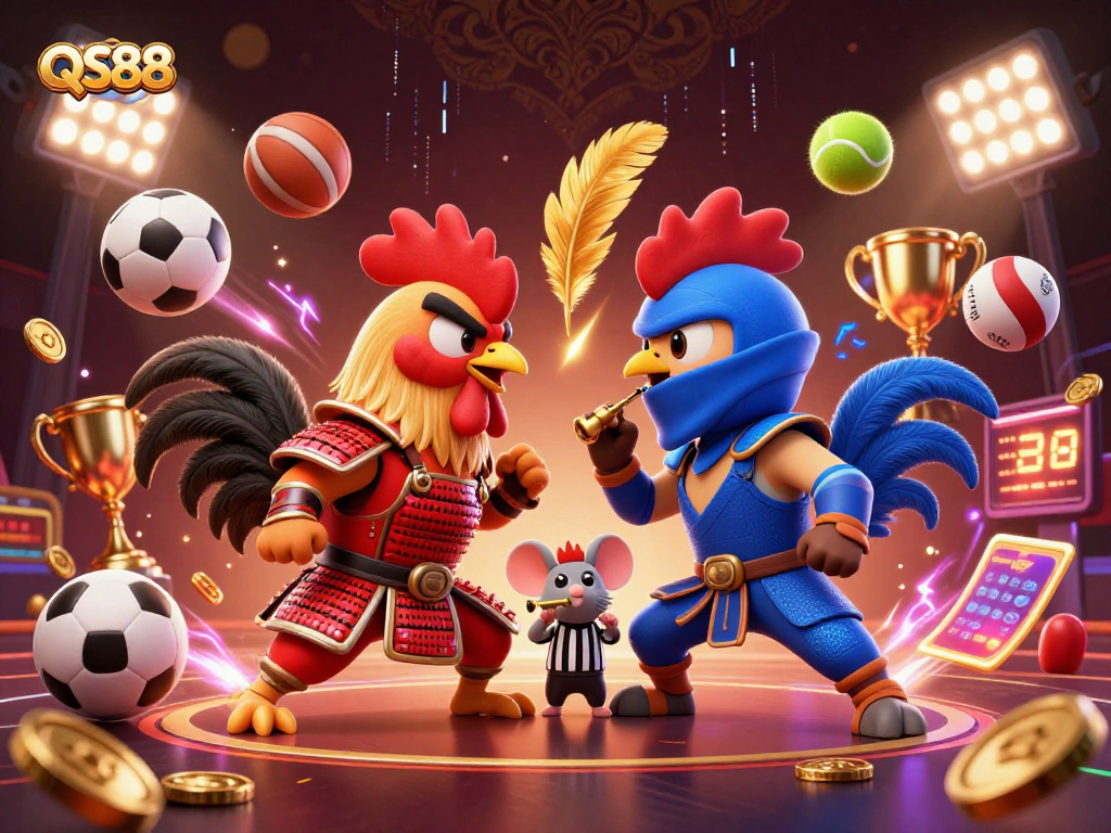 Experience thrilling gameplay at QS88 with dynamic cartoon fighting roosters and exciting sports elements.