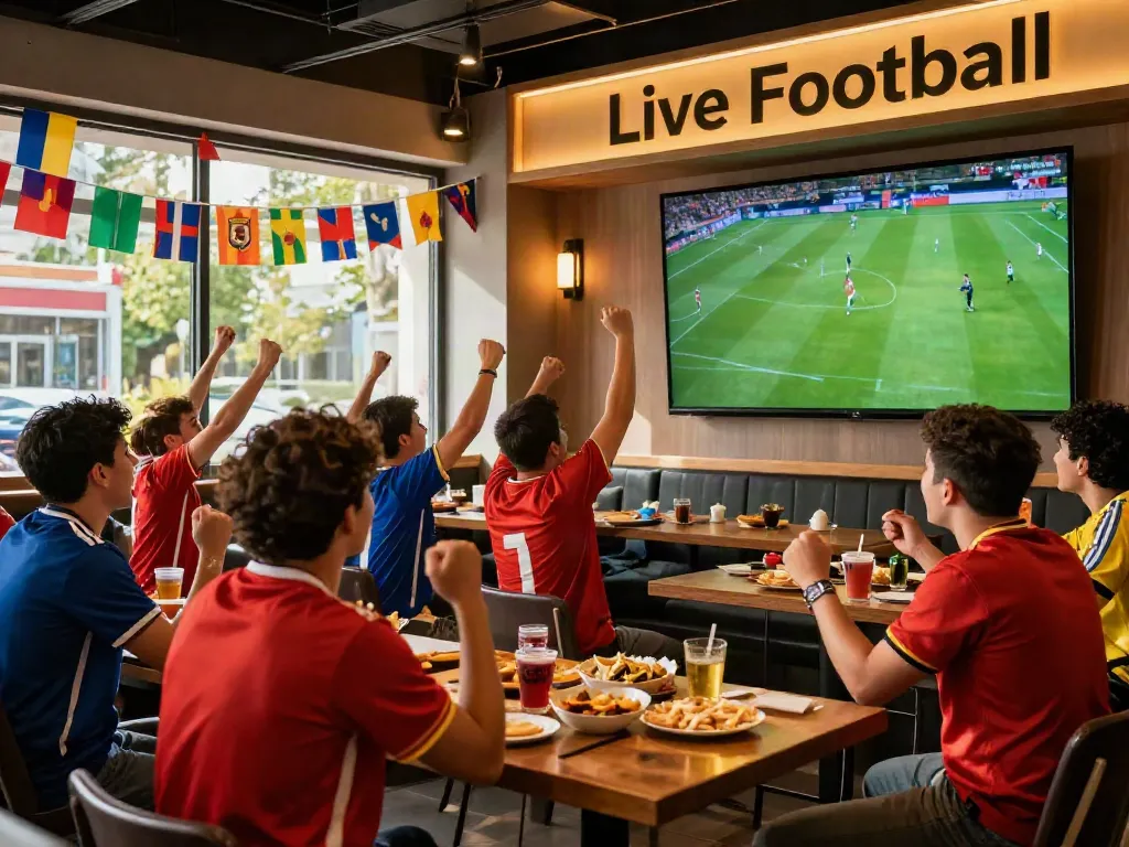 Excited fans at Gavangtv enjoying live football match in vibrant sports bar.
