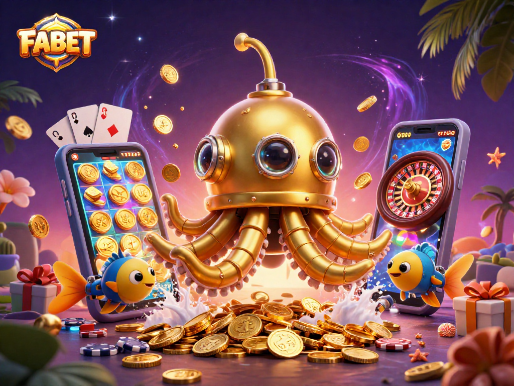 Experience thrilling gaming with FABET's dynamic 3D illustration featuring vibrant casino classics.