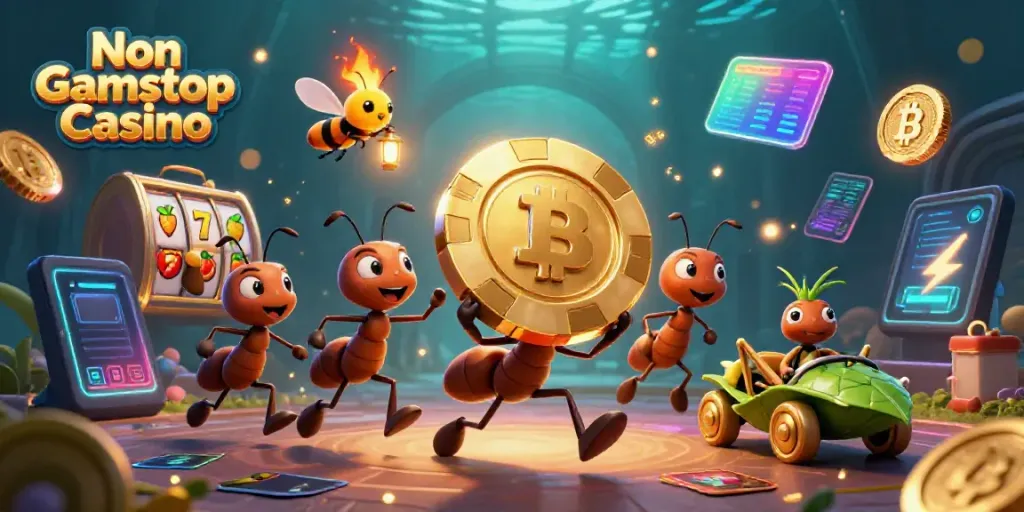 Experience the thrill of Non Gamstop Casino with a daring heist by animated ants, vibrant game elements, and a dynamic setting.