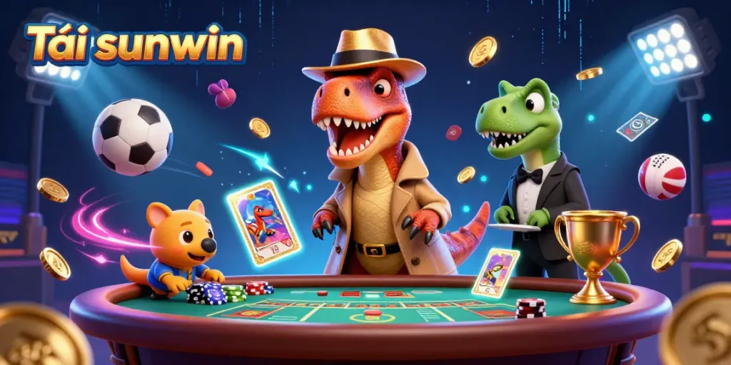 Tải sunwin at a dynamic blackjack table, featuring a velociraptor, stegosaurus pit boss, and compy pickpocket amidst thrilling casino elements.