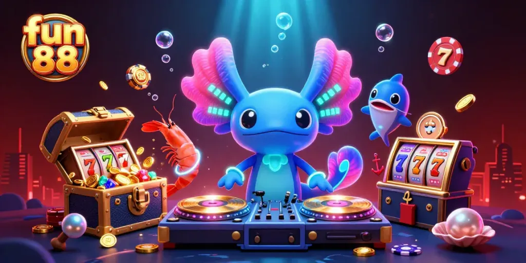 Experience fun 88 with a vibrant casino-themed underwater party illustration showcasing gaming excitement.