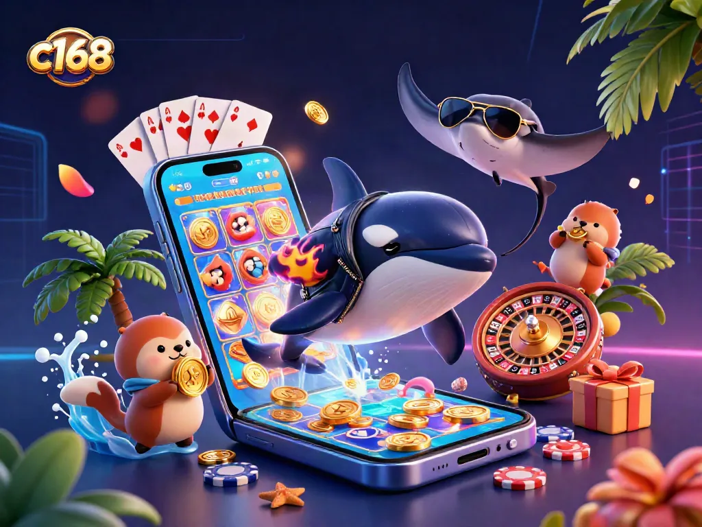 Experience thrilling adventures with c168 as an orca in a leather jacket jumps amidst casino excitement!