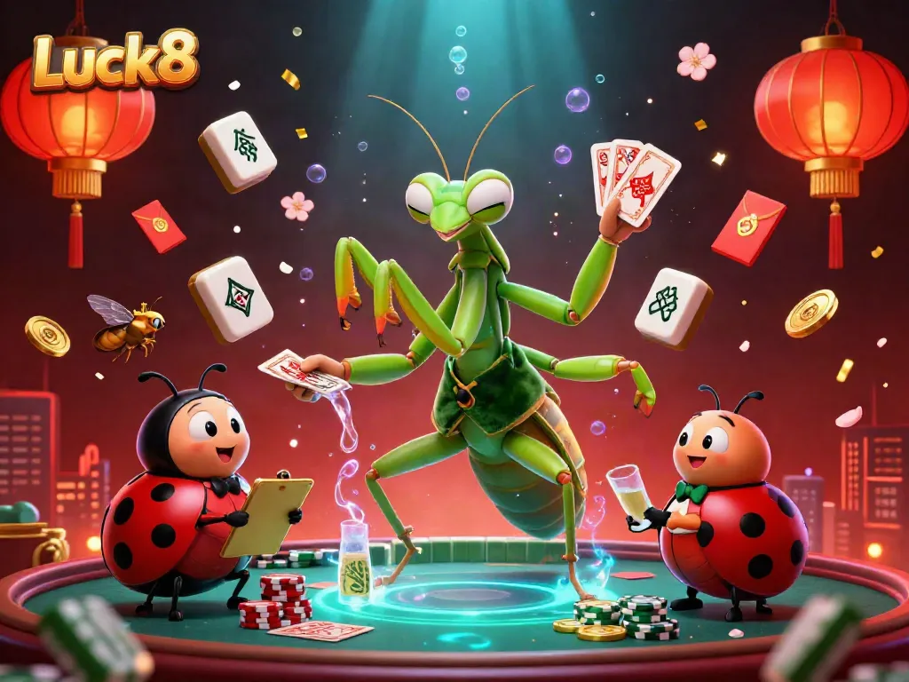 Experience the thrilling world of Luck8 with a vibrant scene of whimsical characters, cards, champagne, and casino elements.