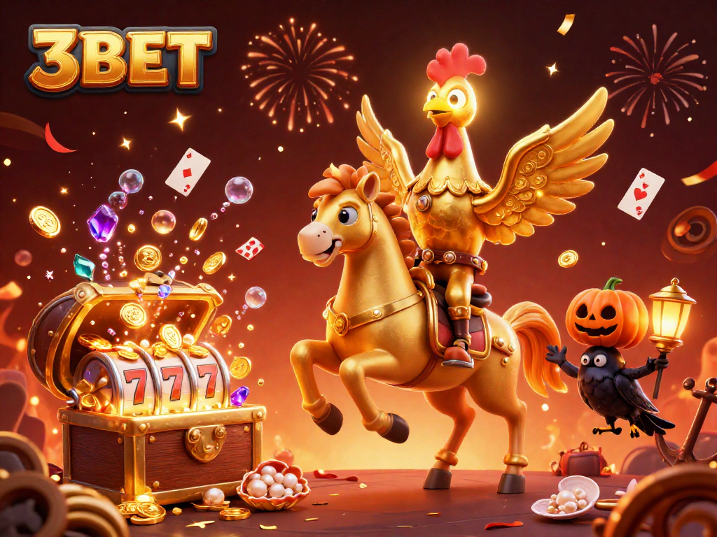 Win big with 3BET in a vibrant casino scene featuring golden rooster and celebrations.