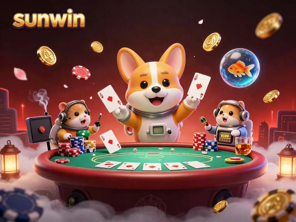 Engage in dynamic play at the Sunwin space station casino with floating coins and poker chips.