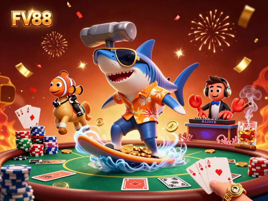 Engage in thrilling gameplay with FV88, featuring a shark surfing on gold coins amidst poker elements.