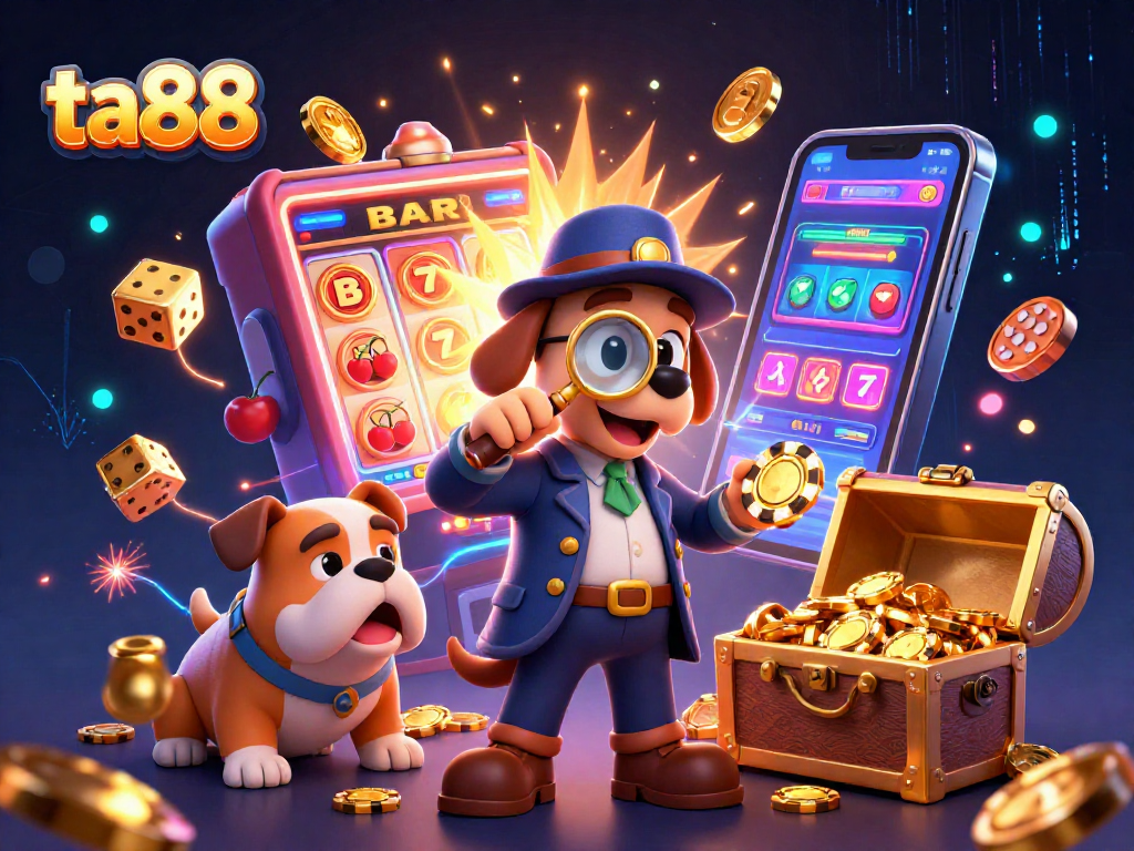 Spin and win on ta88 with a 3D detective discovering poker chips and treasures in a vibrant casino