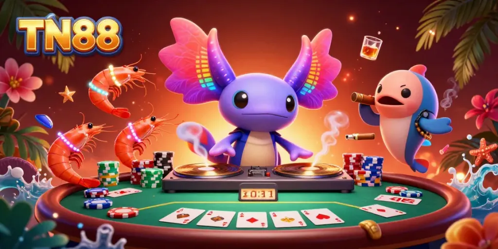 Experience the vibrant TN88 casino scene featuring an axolotl DJ, poker elements, and energetic underwater characters.