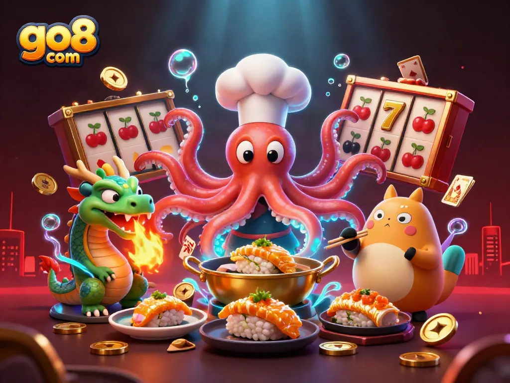 Experience thrills at go8 com with a vibrant 3D casino scene featuring an octopus chef and a dragon.