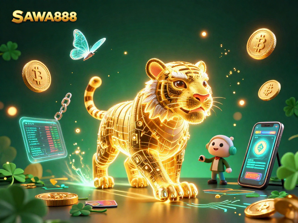 Playing on SAWA888 with the golden tiger and holographic companions in a vibrant digital casino.