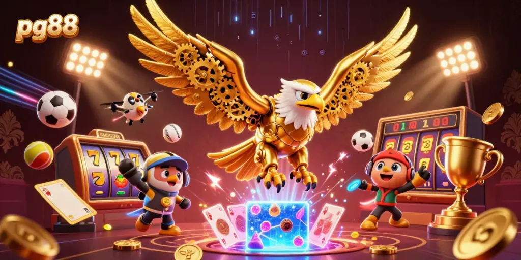 Winning with pg88 and golden eagle amidst slot reels and vibrant casino elements.