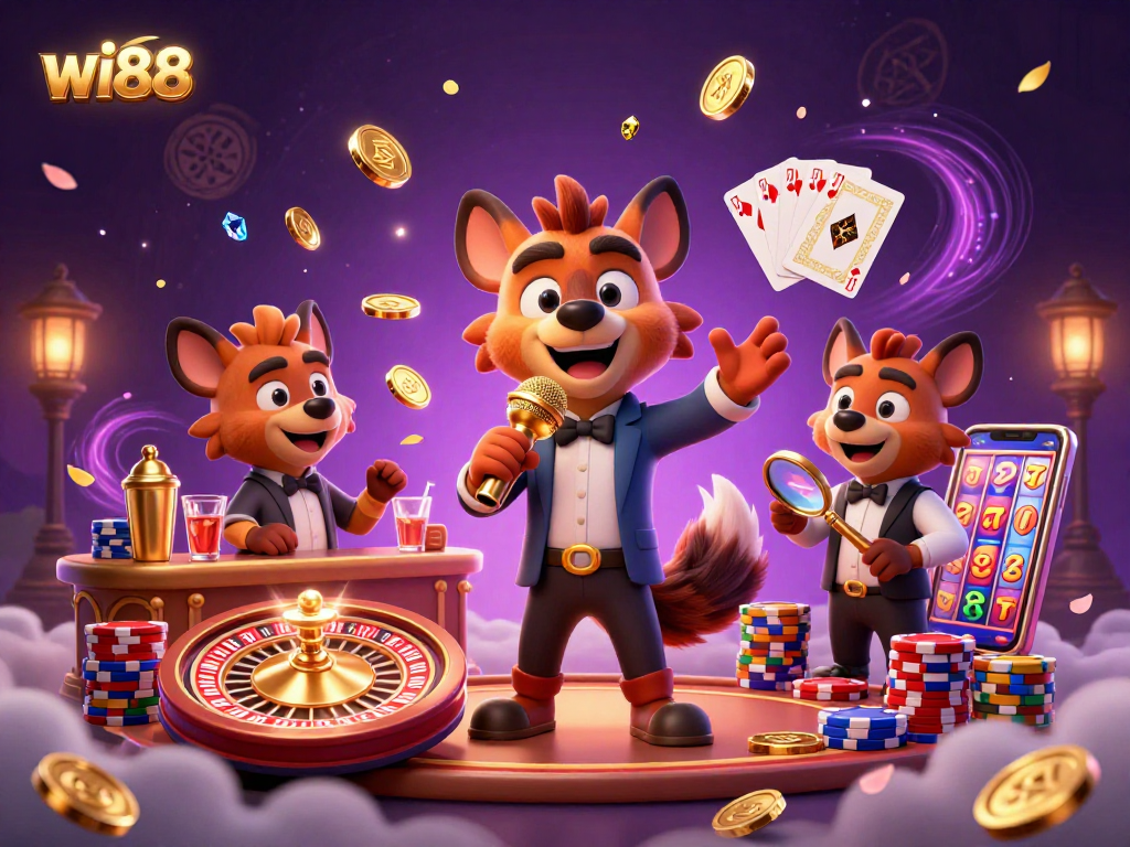 The vibrant scene showcases wi88 with hyenas in a casino, depicting a fun atmosphere filled with coins and game elements.