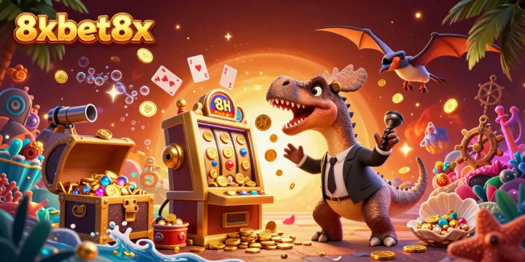 Experience excitement at 8xbet8x with vibrant characters and animated slot machine casino action.