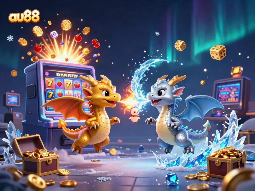 Experience the thrill of au88 with dynamic dragons breathing fire and ice amidst a vibrant casino scene.