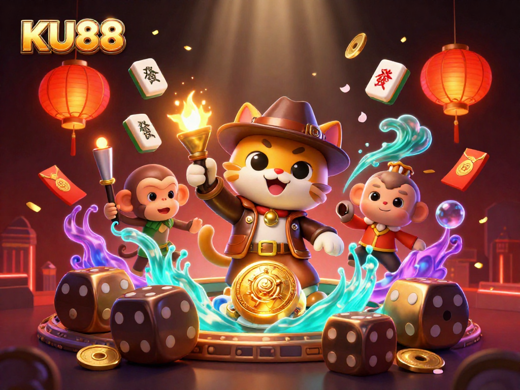 Experience the thrill of KU88 as a cartoon explorer cat uncovers golden casino treasures.