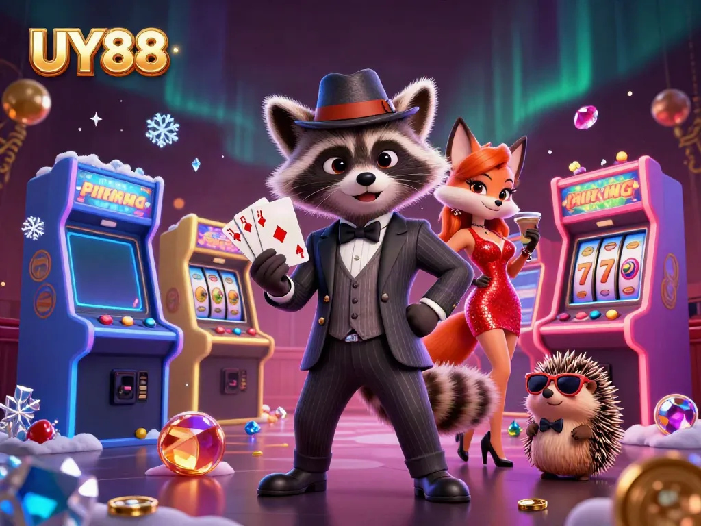 Witness the exciting UY88 casino world with vibrant characters and game elements in a lively scene.