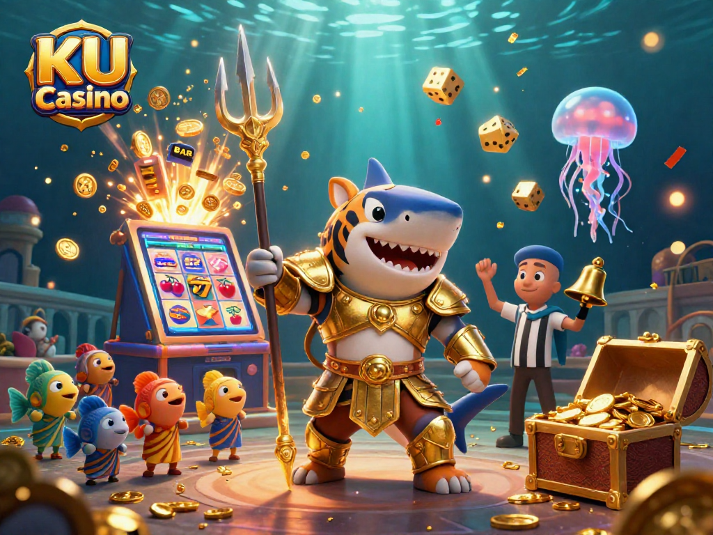 Experience the thrill of KU Casino's vibrant 3D casino scene with a shark gladiator and jackpot excitement.
