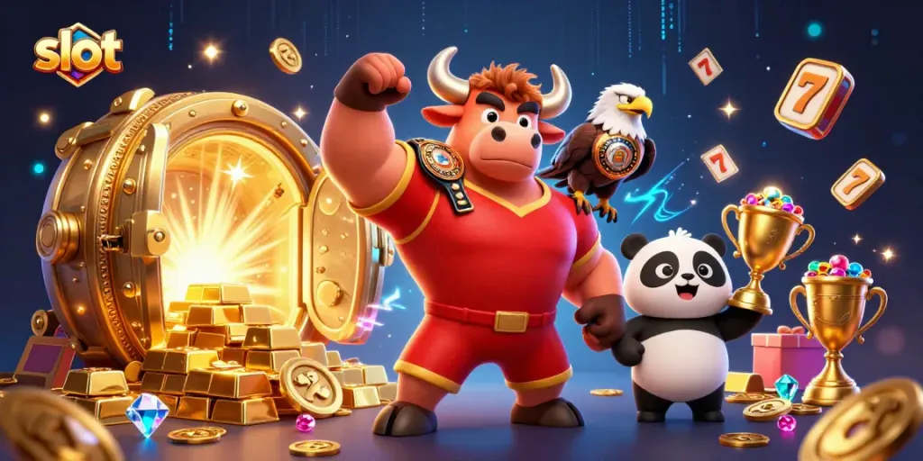 Spin the slot reels for exciting winnings with a vigorous bull mascot, eagle, and panda.
