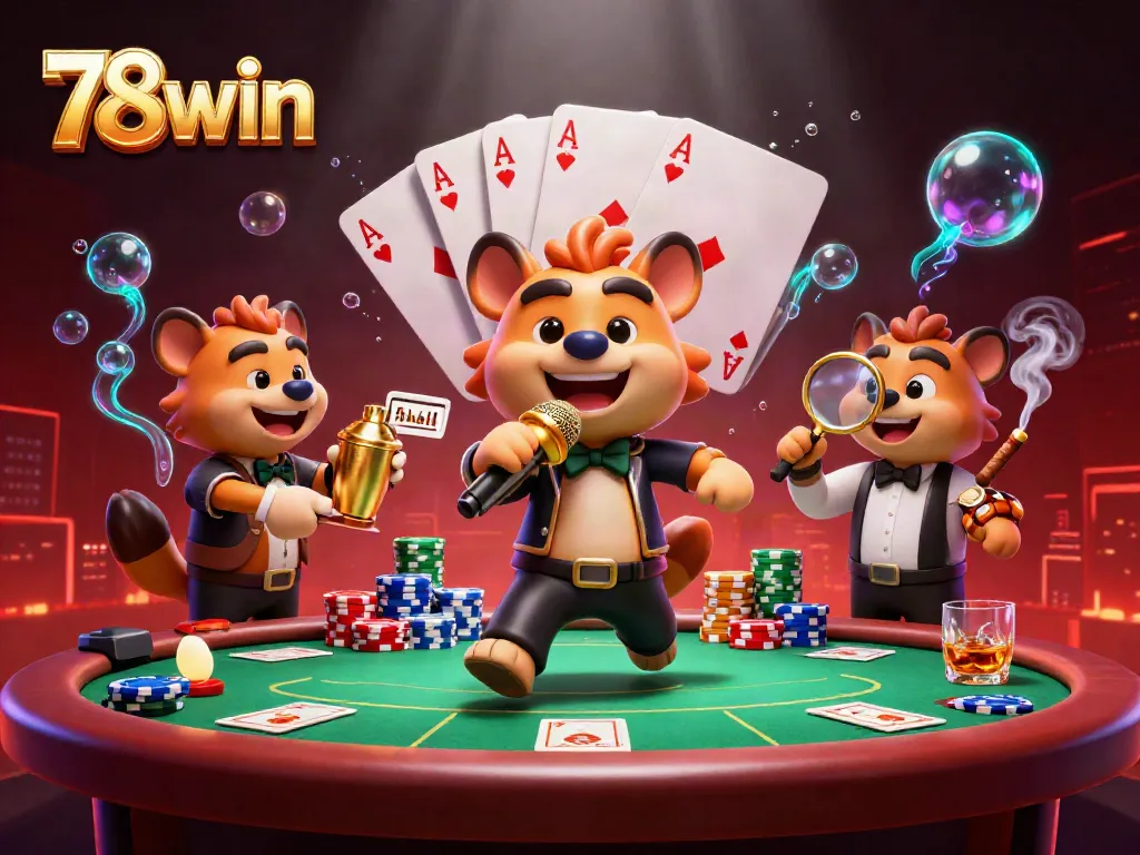 Hyenas at 78win comedy casino offering laughter and poker excitement in a vibrant scene.