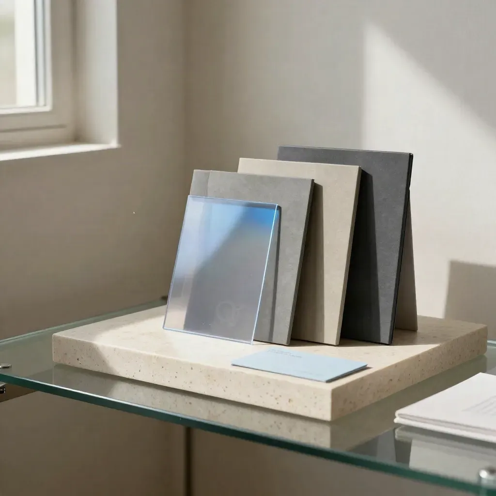 Three matte KPI packs in a clear sleeve on a travertine plinth in a bright studio nook.