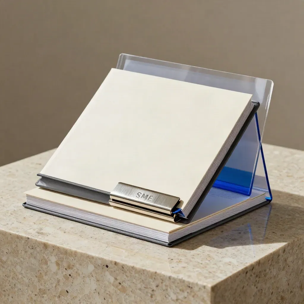 Three premium dashboard folios with clear sleeves and blue accents on a travertine plinth.