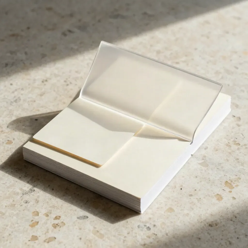 Overhead flatlay of a monthly KPI folio, acetate divider and blank inserts on pale stone.
