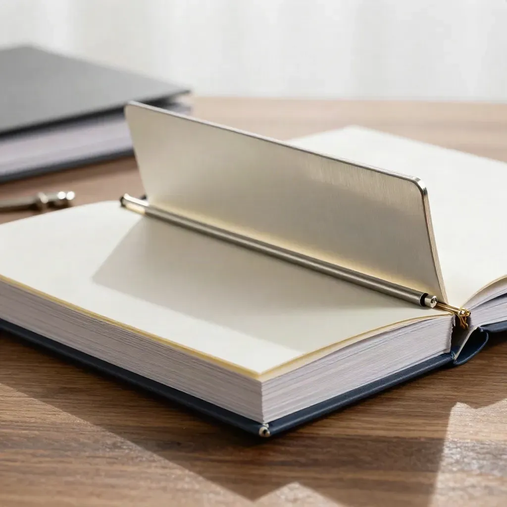 Close side-profile of a forecast booklet with metal divider and folded translucent overlay on walnut