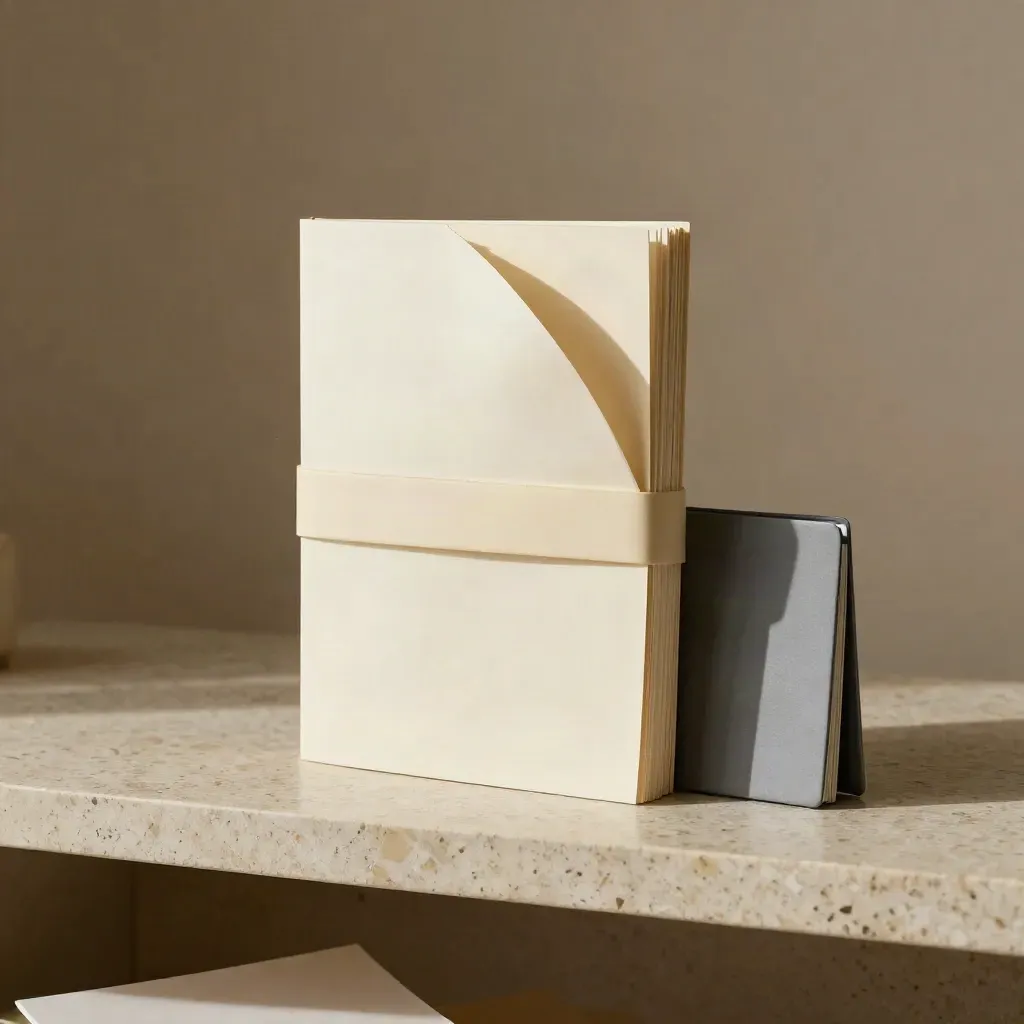 Cream market research folio with a peeling insert and slate card on travertine.