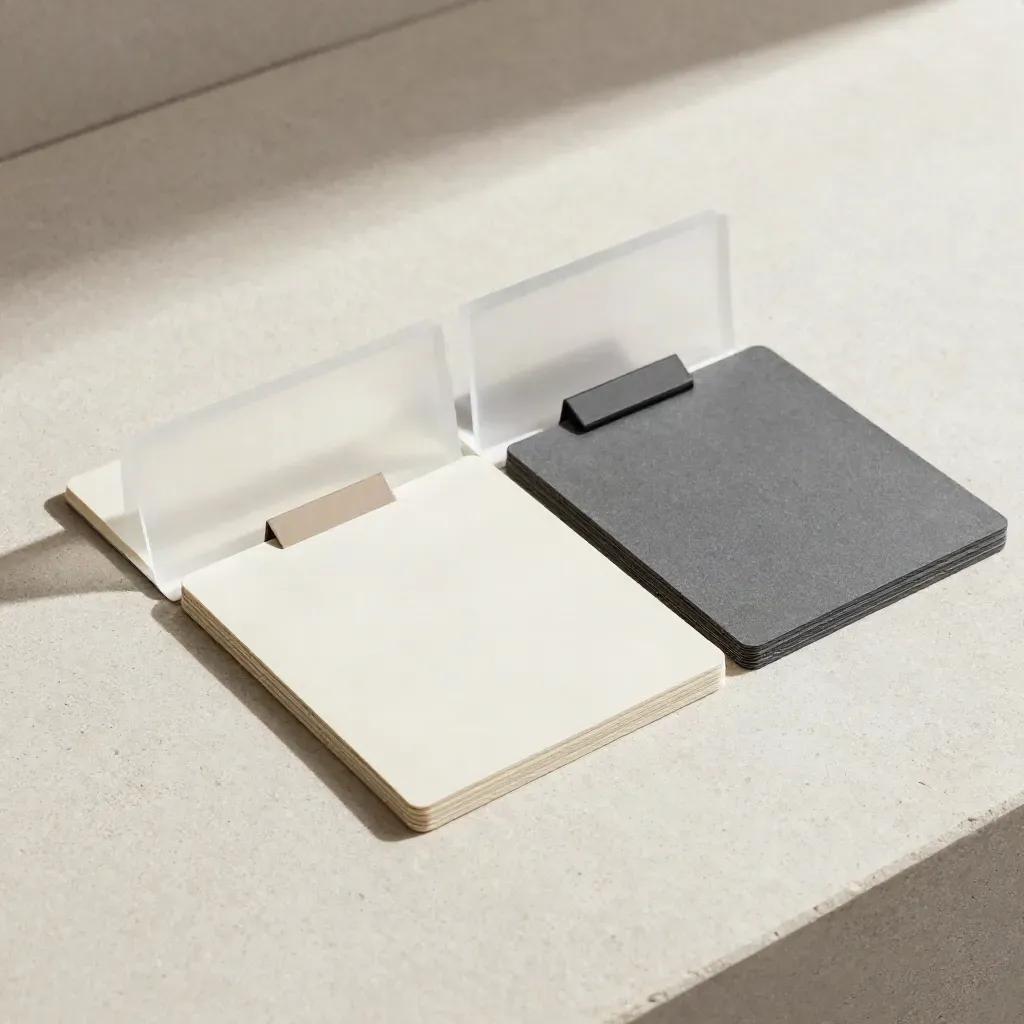 Overhead flatlay of competitor price watch cards, dark clamp and frosted divider on pale concrete.