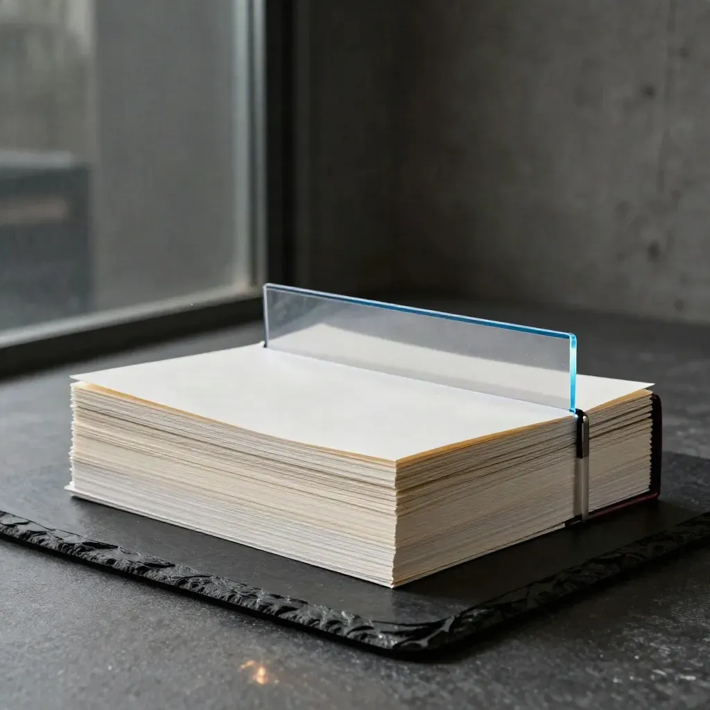 Stacked strategy workshop folios and spacer card tipping on a matte-black surface with blue edge light.