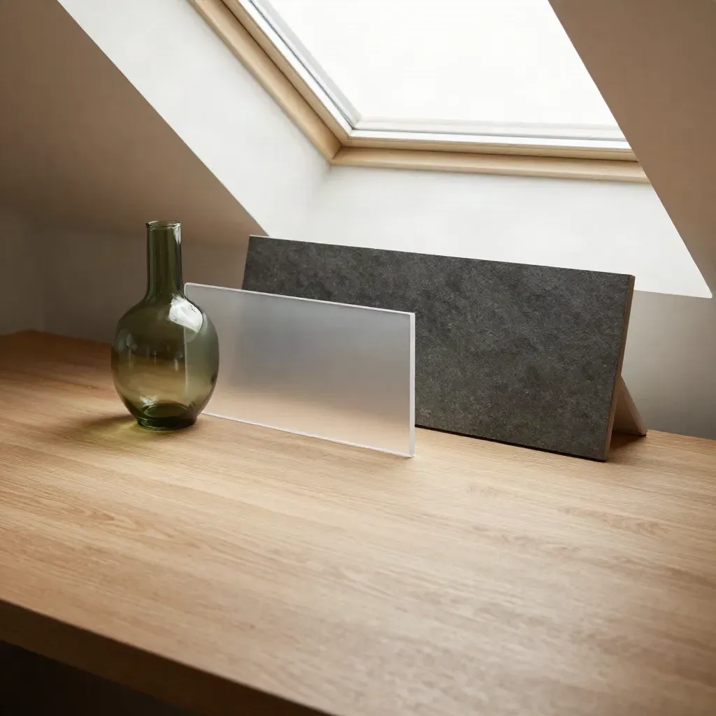 Pale oak desktop in skylight, glass vessel, frosted pane, soft curtain blur, calm copy space.