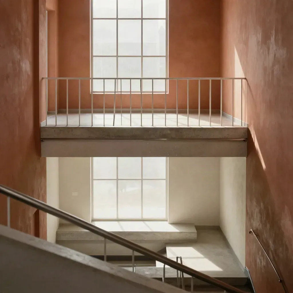 Sunlit concrete stair landing in a bright atrium with tall window grid and long shadows.