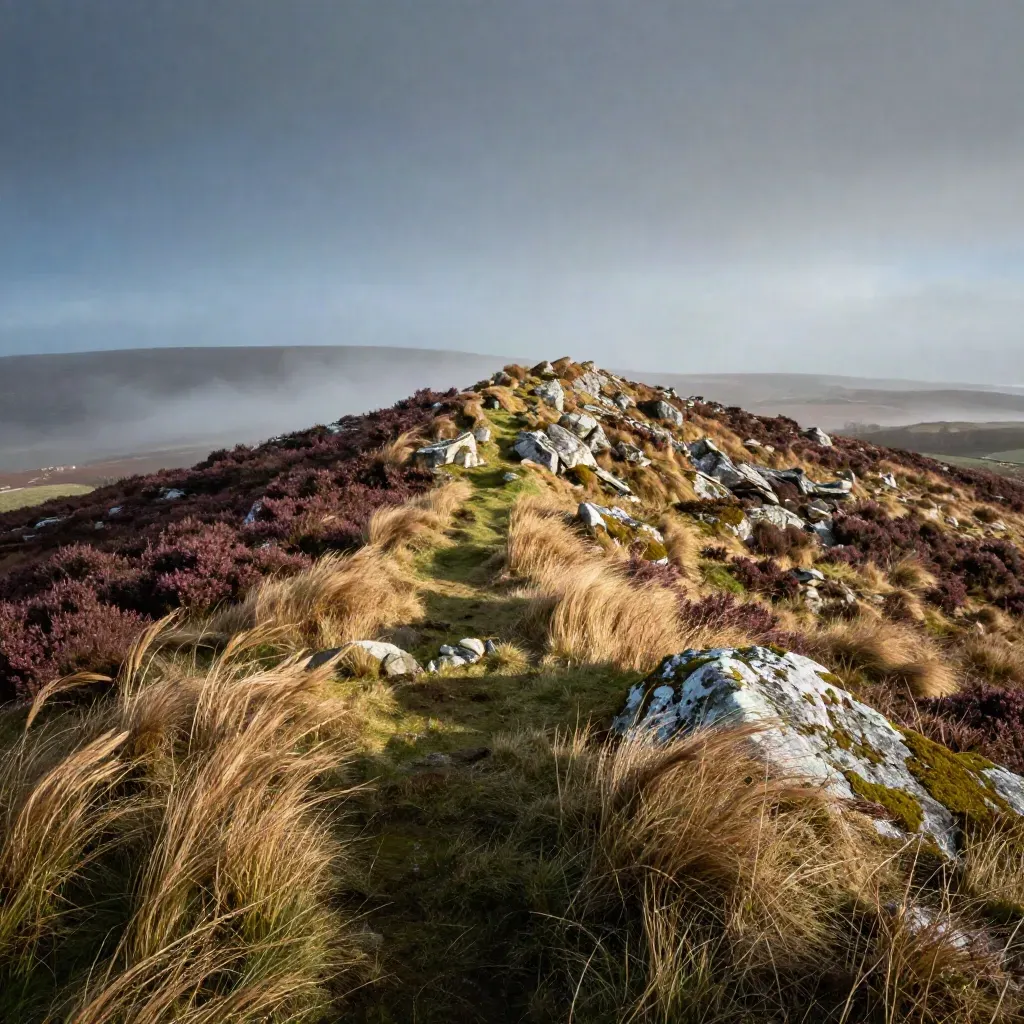 Rain-cleared heath ridge with pale stone outcrops and misty sky, calm open foreground.