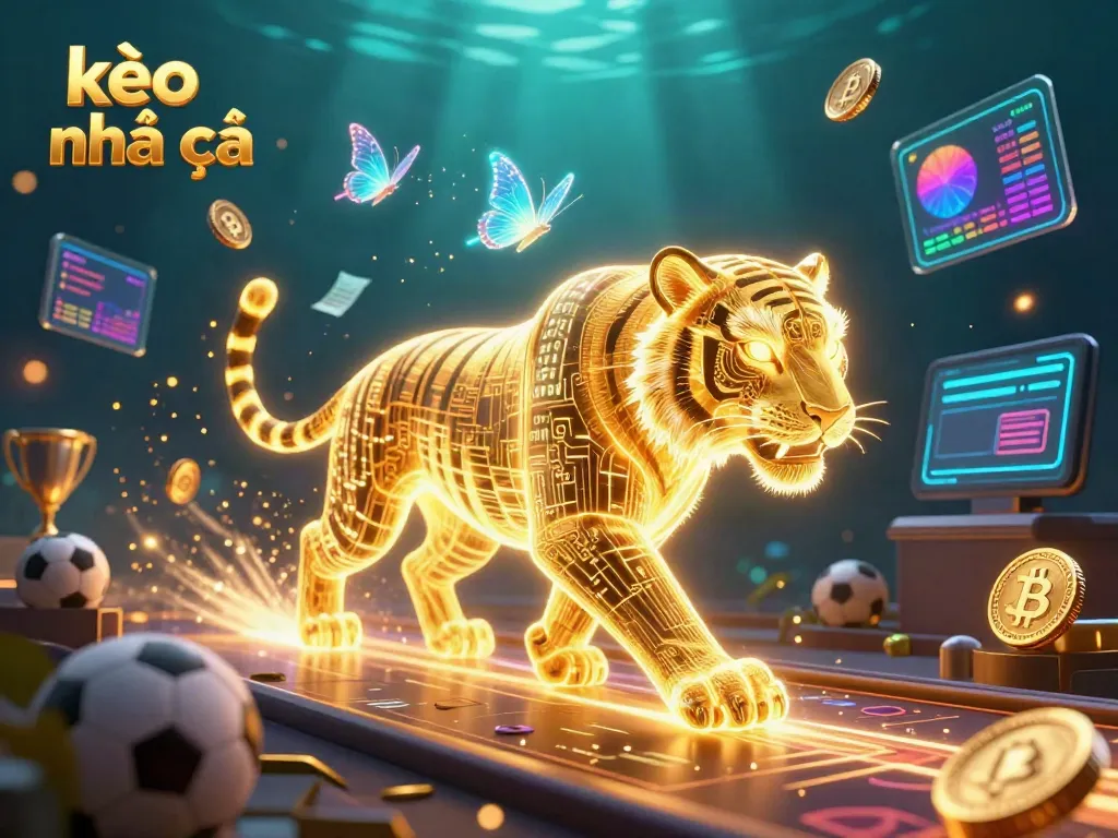 Engage with kèo nhà cái in a dynamic digital sports betting scene featuring a glowing golden tiger and cryptocurrency elements.