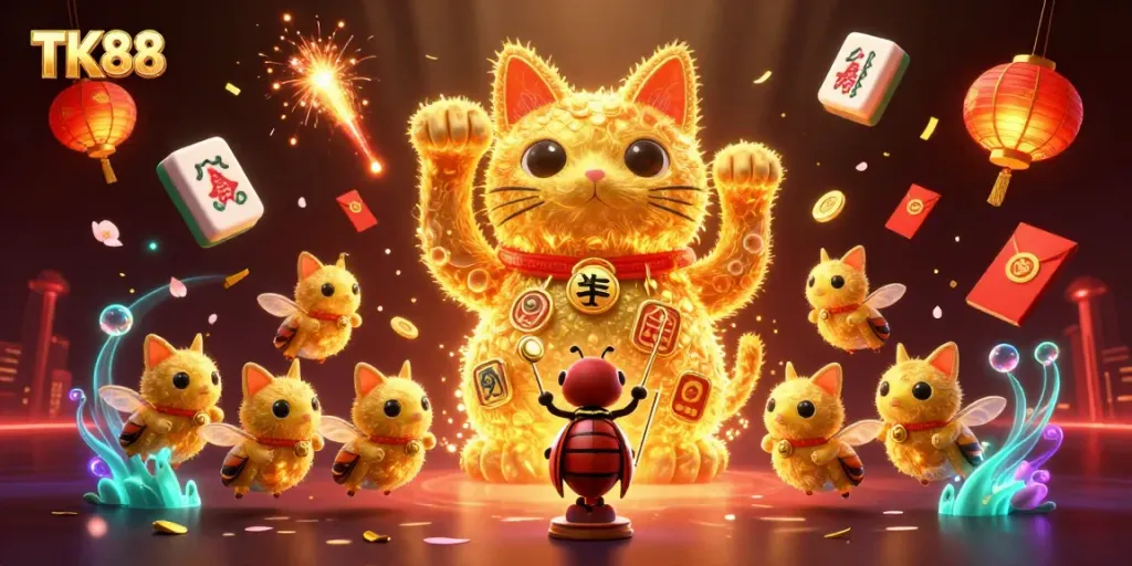 Engage with the enchanting TK88 online casino world featuring a dynamic giant lucky cat and golden fireflies.