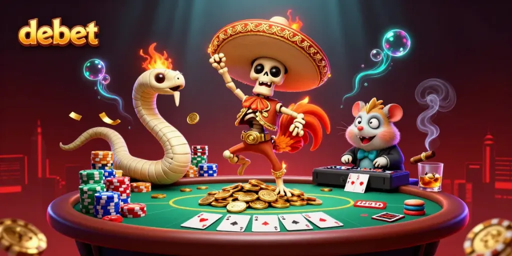 Experience debet with a vibrant scene of a skeleton mariachi rooster dancing on golden coins, filled with casino elements.