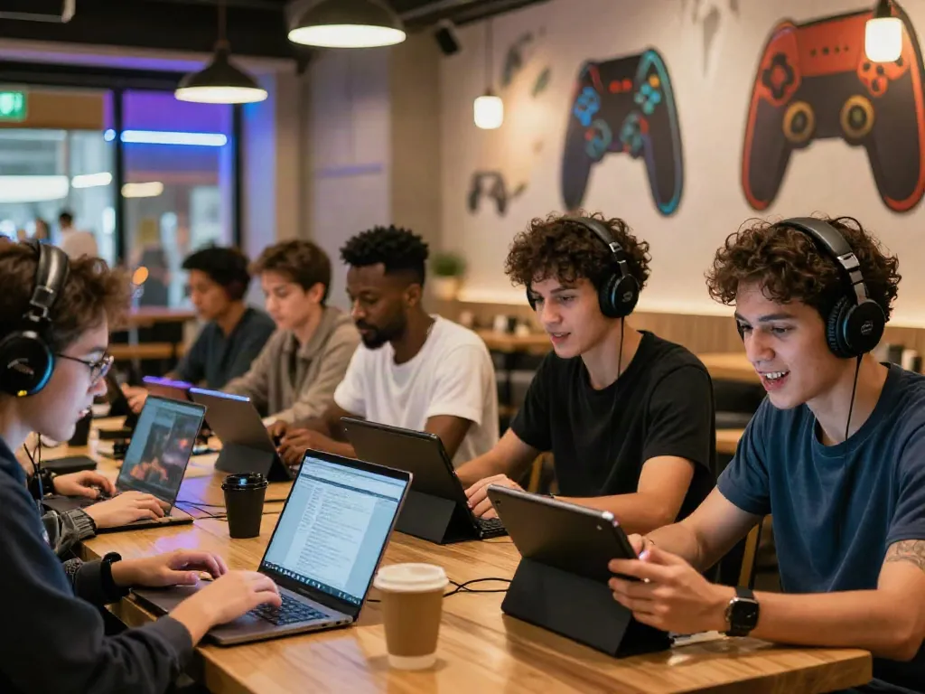 Dynamic online gaming interaction at a cafe with players excitedly participating in 9 bet games.