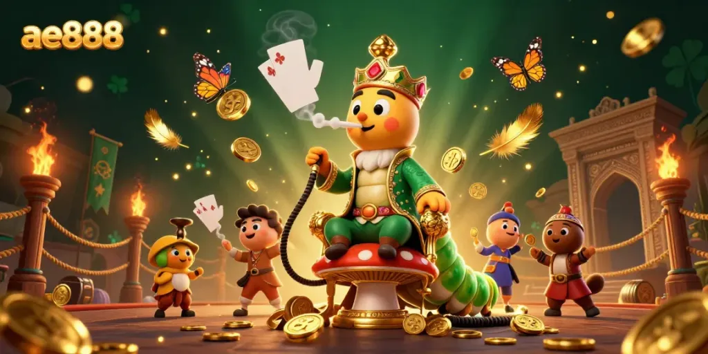 Experience the thrill of ae888 with vibrant casino characters, gold tokens, and dynamic gaming elements.